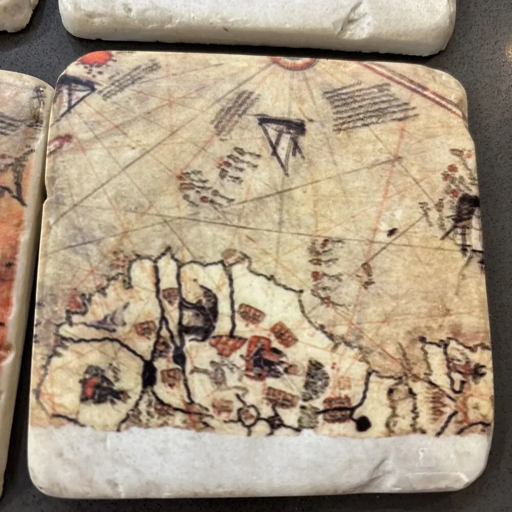 Piri Reis World Map Coaster Set Of Four Made Of Stone With Cork Backing